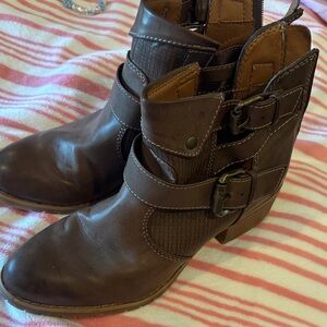 Brown cross strapped booties with 1 1/2 inch block heel